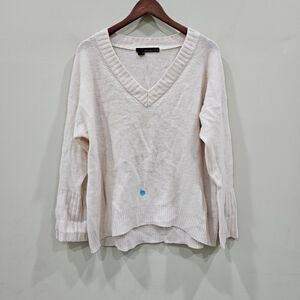 360 Cashmere Womens Knit Sweater Large Cream V-Neck Oversized Boxy Ribbed Career